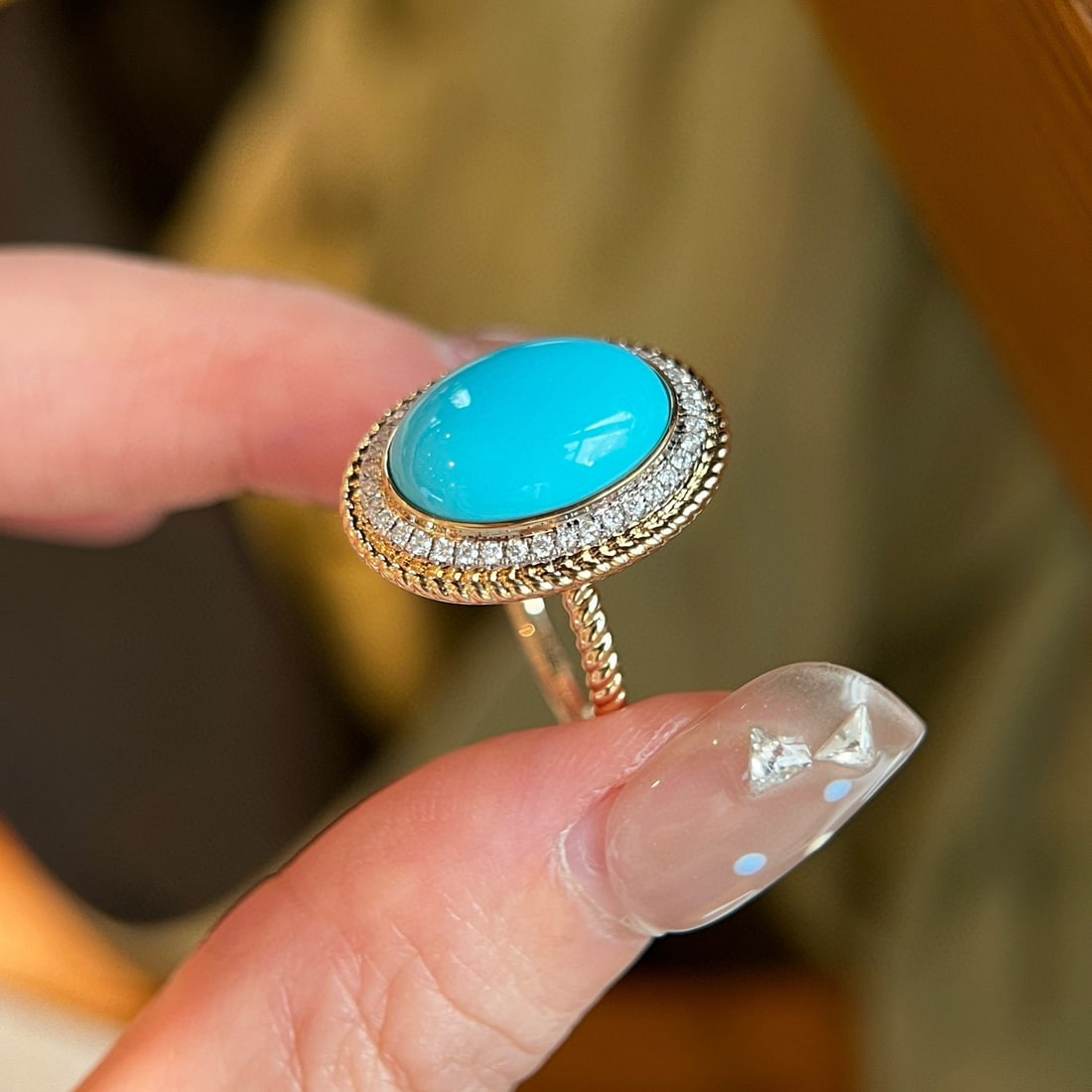 14k Gold 4.79 Ctw Natural Turquoise & Diamond Ring - 2