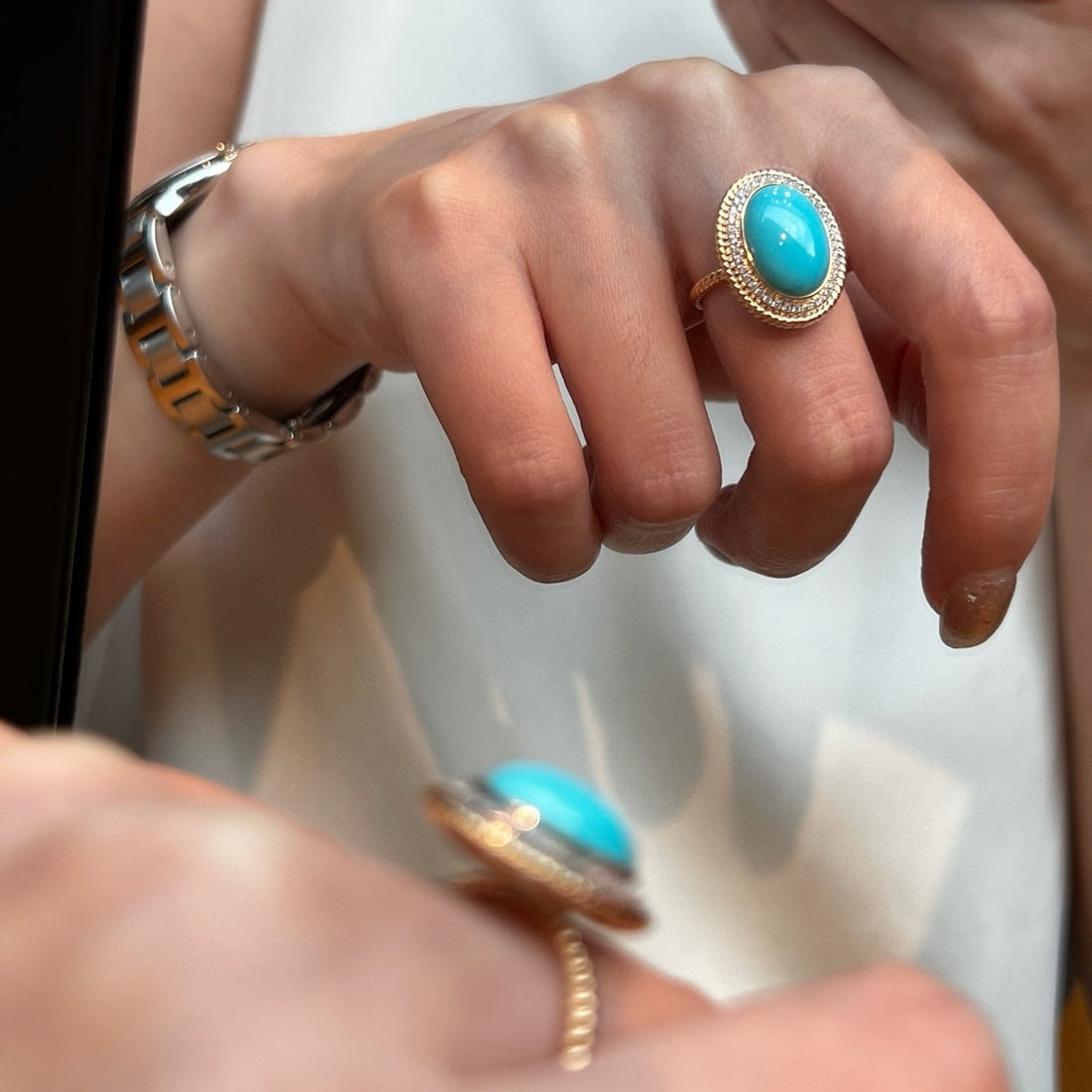 14k Gold 4.79 Ctw Natural Turquoise & Diamond Ring - 3
