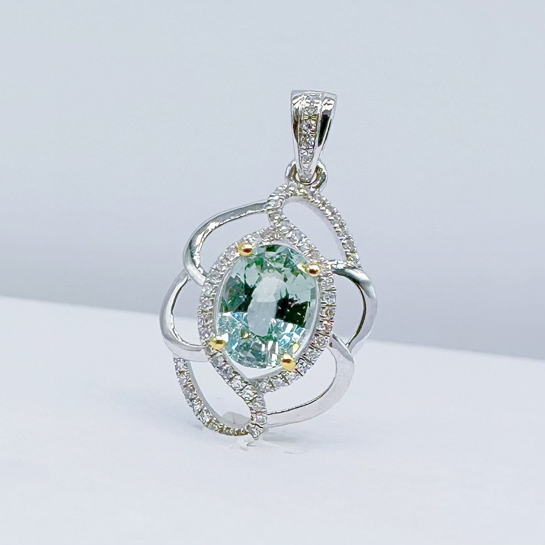 14k Gold 1.14 Ct Natural Sapphire & Diamond Pendant( Without Chain ): Ref:231076059 // gold content:14k gold // main gemstone:sapphire // shape:oval // carat weight:1. 14ct // color:green // treatment:natural // // adjacent gemstone 2 : diamond // number of stones:57