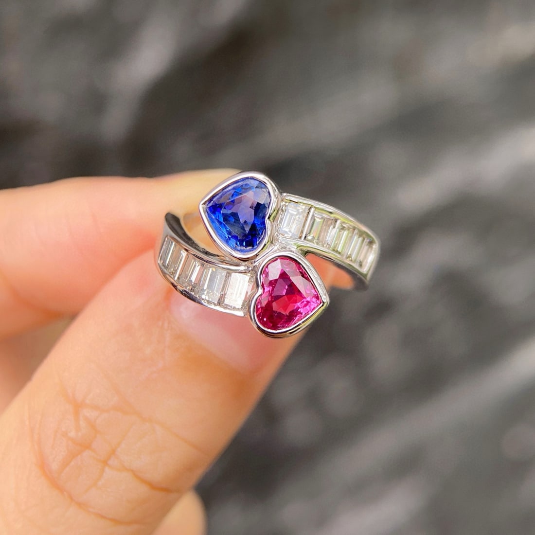 14k Gold 1.50 Ctw Natural Sapphire & Ruby & Diamond & Toi Et Moi Ring - 2