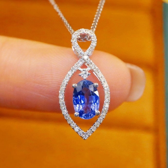 14k Gold 1.15 Ctw Natural Sapphire & Diamond Pendant( Without Chain ): Ref:231076228 // gold content:14k gold // main gemstone:sapphire // shape:oval // carat weight:1. 00ct // color:cornflower blue // treatment:natural // // adjacent gemstone 2 : diamond // number of