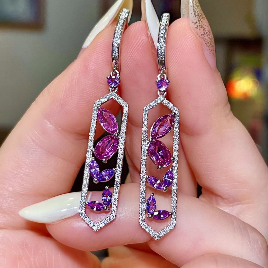 14k Gold 3.59 Ctw Natural Sapphire & Diamond Earrings: Ref:231076230 // gold content:14k gold // main gemstone:sapphire // shape:multiple // carat weight:2. 78ct // color:purple // treatment:natural // // adjacent gemstone 2 : diamond // shape:round //
