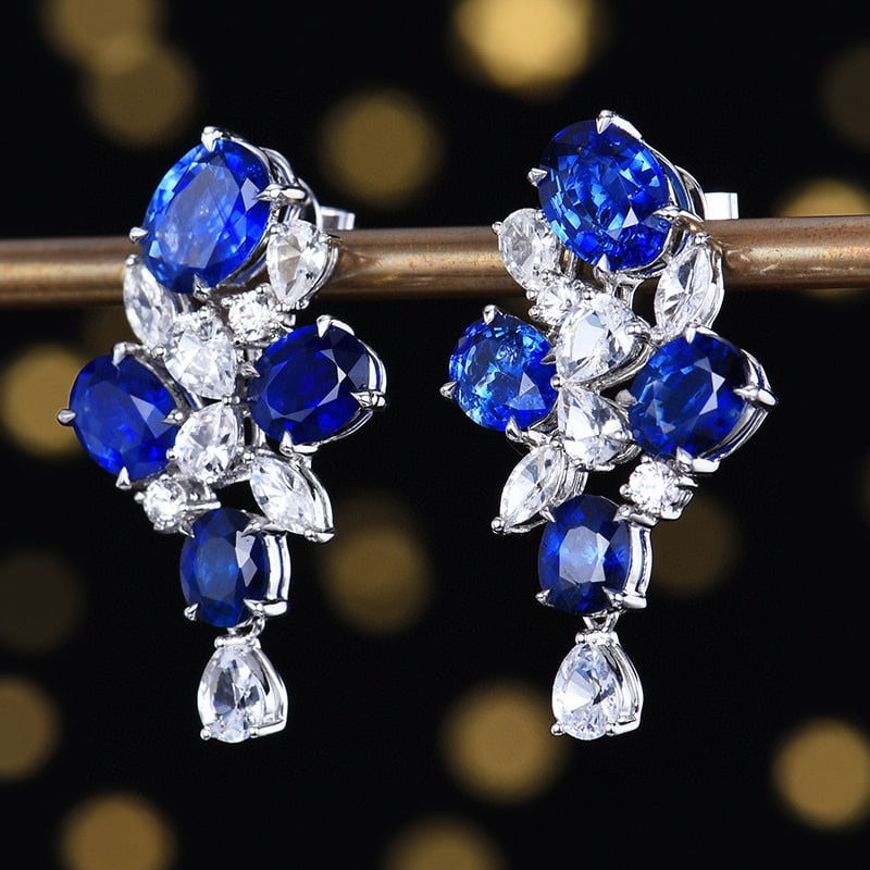 14k Gold 6.36 Ctw Vivid Green Natural Emerald & Sapphire Earrings - 2