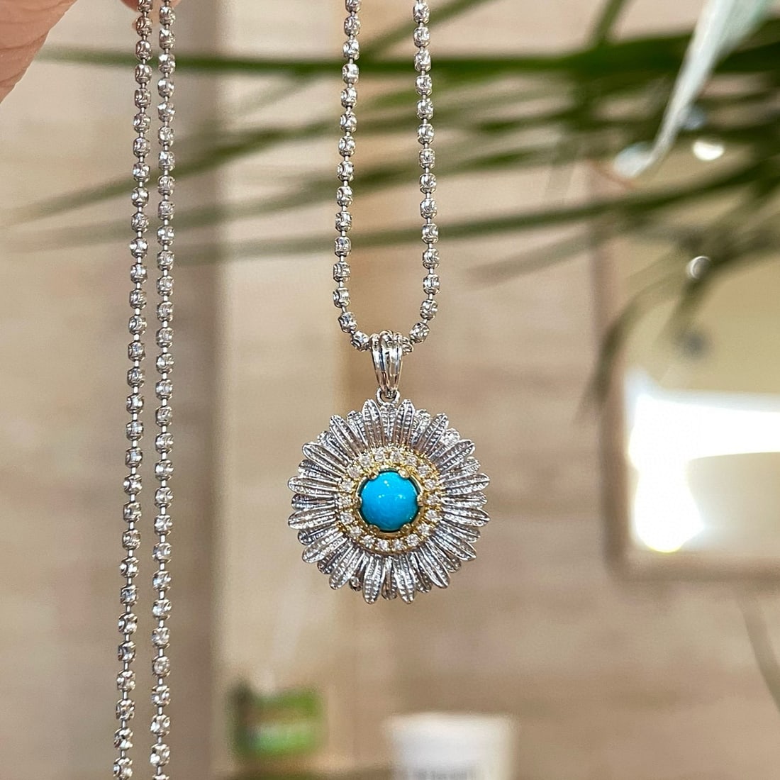 14k Gold 0.6 Ct Natural Turquoise & Diamond Pendant( Without Chain ): Ref:231076340 // gold content:14k gold // main gemstone:turquoise // shape:round // carat weight:0. 6ct // color:blue // treatment:natural // cut grade:g // // adjacent gemstone 2 : diamond //