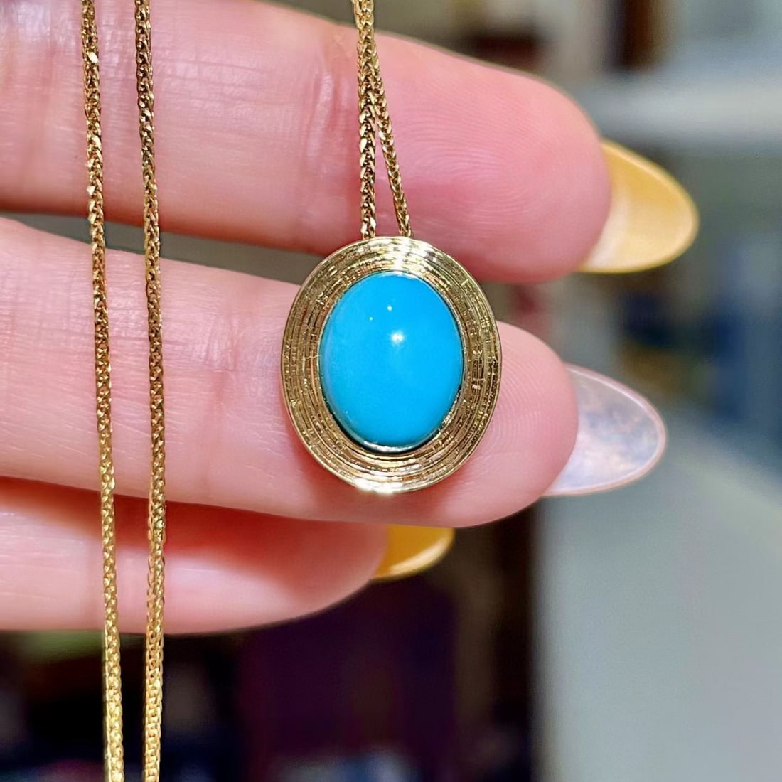 14k Gold 2.69 Ct Natural Turquoise Pendant( Without Chain ): Ref:231076352 // gold content:14k gold // main gemstone:turquoise // shape:oval // carat weight:2. 69ct // color:blue // treatment:natural // Condition: New Low Estimate: 2400.00 High Estimate: