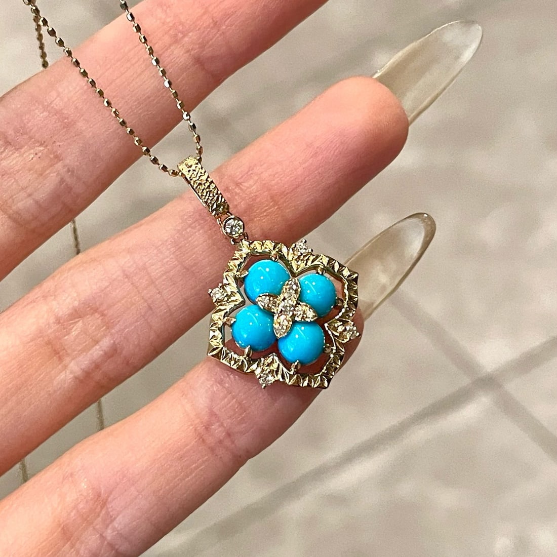 14k Gold 2.3 Ct Natural Turquoise & Diamond Pendant( Without Chain ) - 4