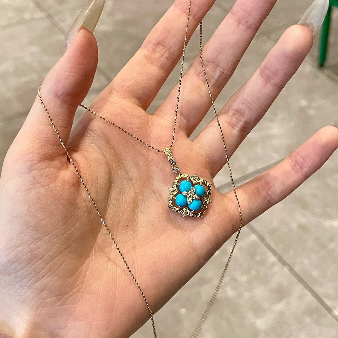 14k Gold 2.3 Ct Natural Turquoise & Diamond Pendant( Without Chain ) - 5