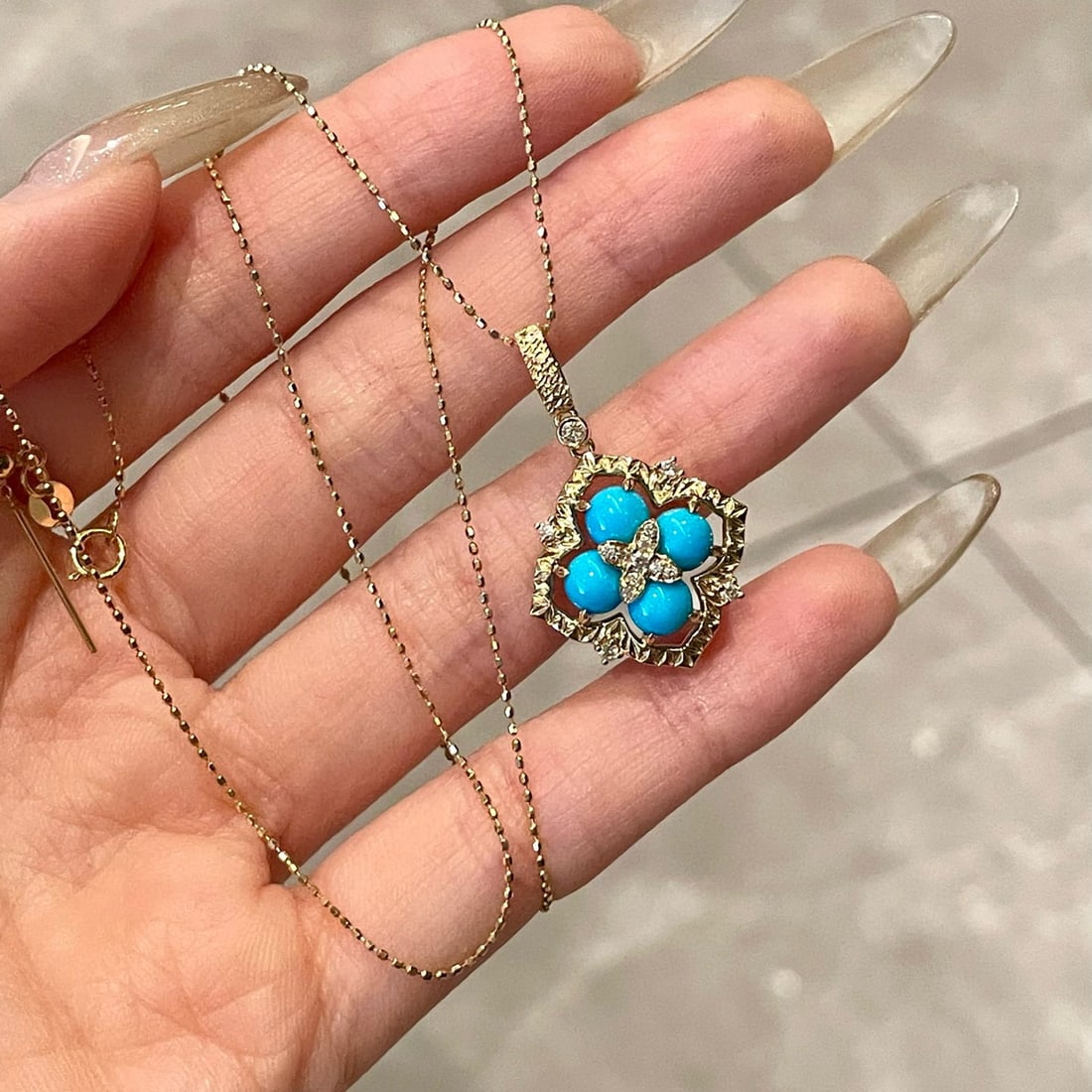 14k Gold 2.3 Ct Natural Turquoise & Diamond Pendant( Without Chain ) - 6