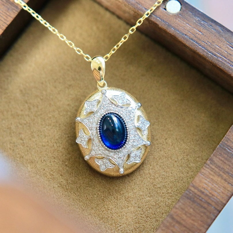 14k Gold 1.1 Ct Natural Sapphire & Diamond Pendant( Without Chain ): Ref:231076401 // gold content:14k gold // main gemstone:sapphire // shape:oval // carat weight:1. 1ct // color:blue // treatment:natural // // adjacent gemstone 2 : diamond // shape:round // clarity