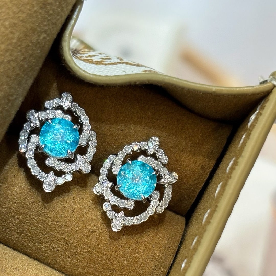 14k Gold 1.1 Ct Natural Paraiba Tourmaline & Diamond Earrings - 5