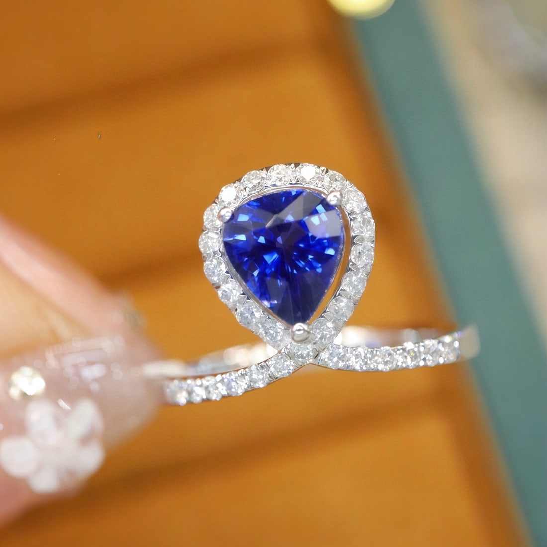 14k Gold 1.58 Ctw Natural Sapphire & Diamond Ring: Ref:231076428 // gold content:14k gold // ring size:7. 25us // // main gemstone:sapphire // shape:pear // carat weight:1. 28ct // color:royal blue // treatment:natural // // adjacent gemstone 2 :