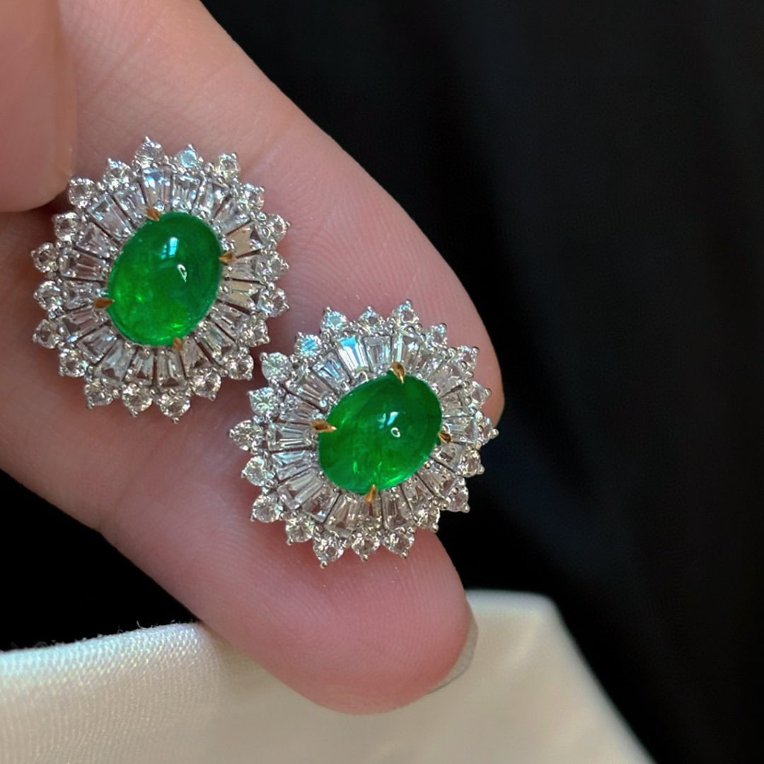 14k Gold 2.88 Ct Vivid Green Natural Emerald & Sapphire Earrings - 2