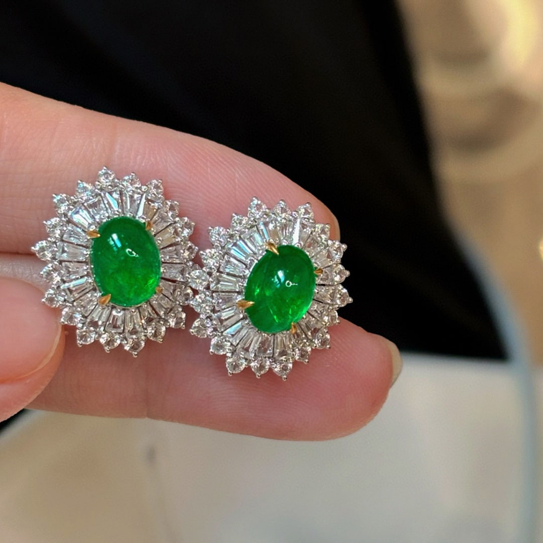 14k Gold 2.88 Ct Vivid Green Natural Emerald & Sapphire Earrings - 3