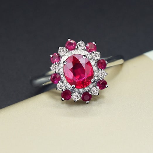 14k Gold 1.27 Ctw Natural Ruby & Diamond Ring: Ref:231083010 // gold content:14k gold // ring size:7. 25 us // // main gemstone:ruby // shape:oval // carat weight:1. 01ct // color:red // treatment:natural // // adjacent gemstone 2 : diamond //