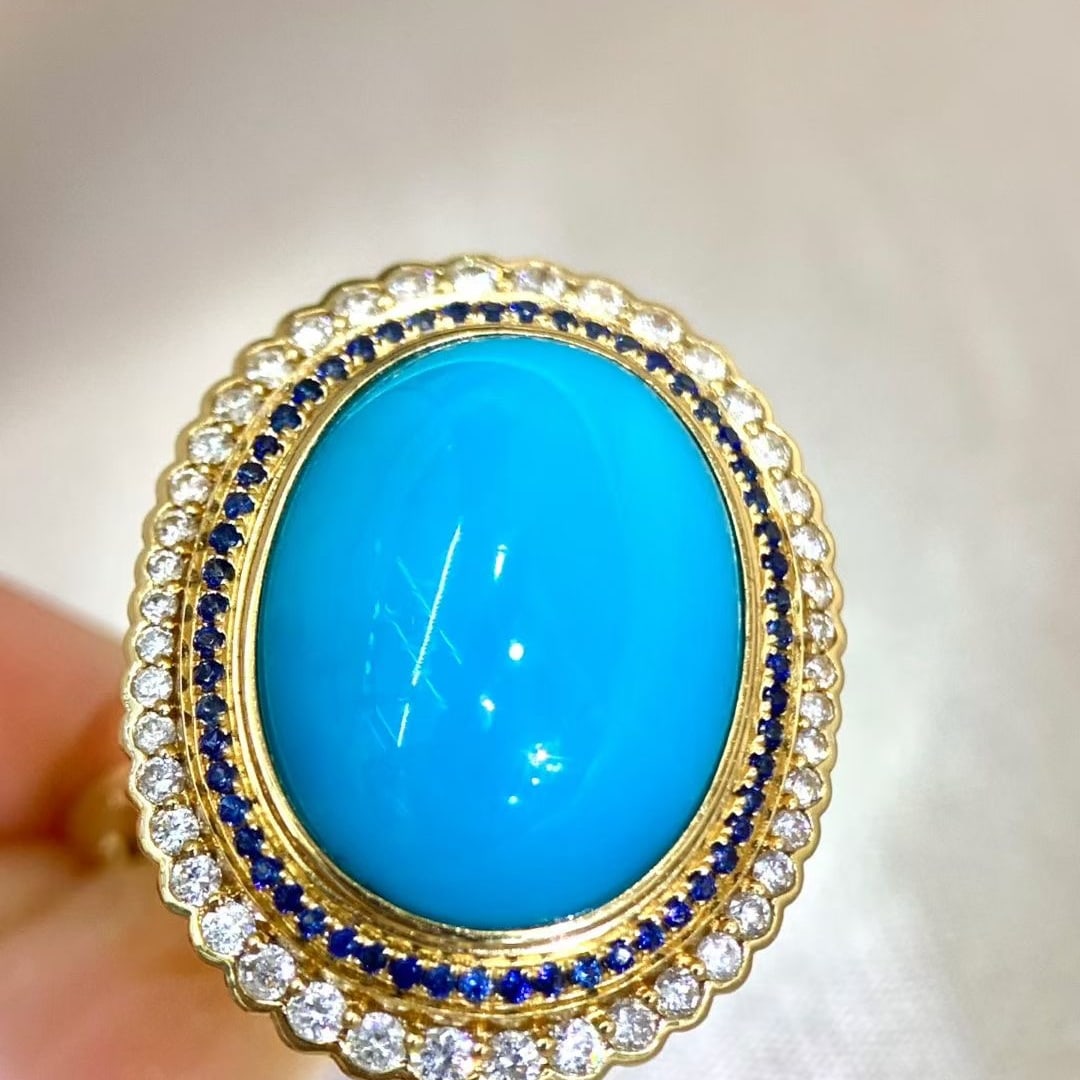 14k Gold 7.04 Ctw Natural Blue Turquoise & Diamond Ring: Ref:231083044 // gold content:14k gold // ring size:7. 25 us // // main gemstone:blue turquoise // shape:oval // carat weight:6. 60ct // color:blue // treatment:natural // // adjacent gemstone 2 :