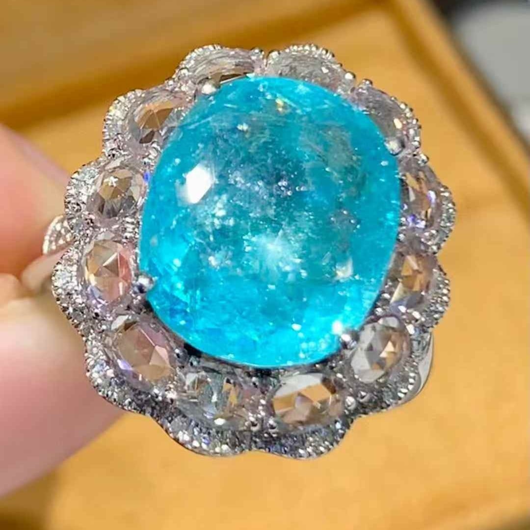14k Gold 6.2 Ct Natural Paraiba Tourmaline & Sapphire & Diamond Ring - 4