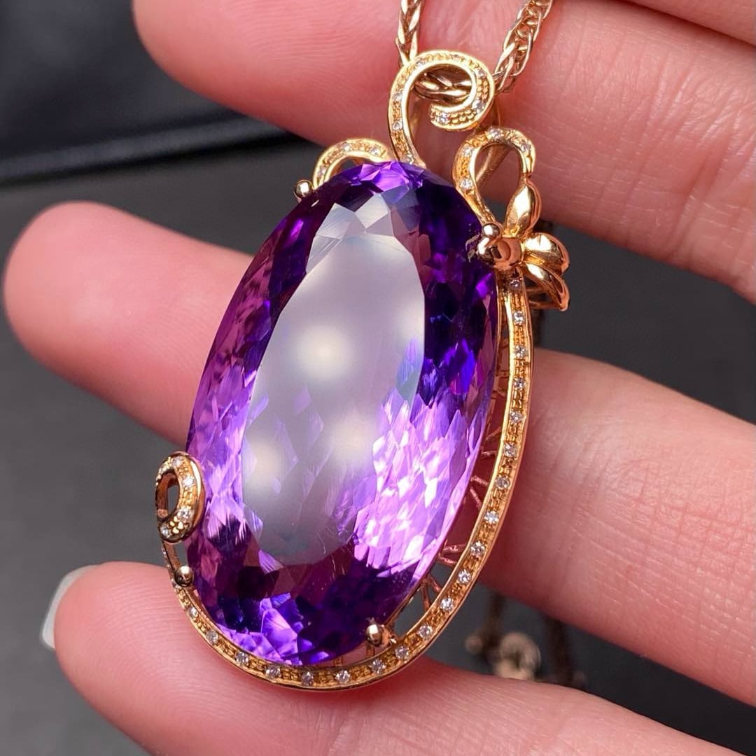 14k Gold 33.3 Ct Natural Amethyst & Diamond Pendant( Without Chain ) - 2