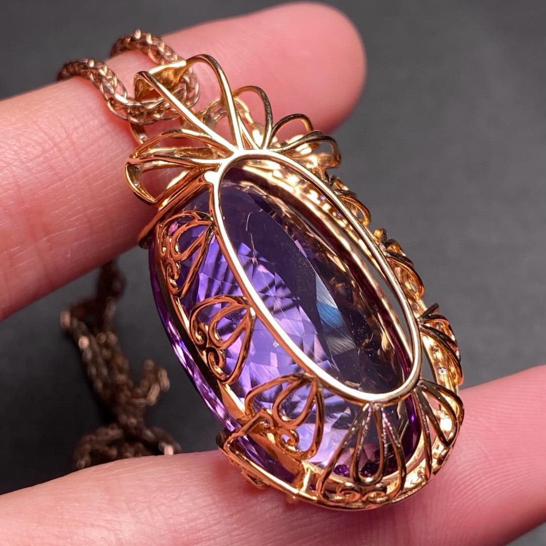 14k Gold 33.3 Ct Natural Amethyst & Diamond Pendant( Without Chain ) - 4