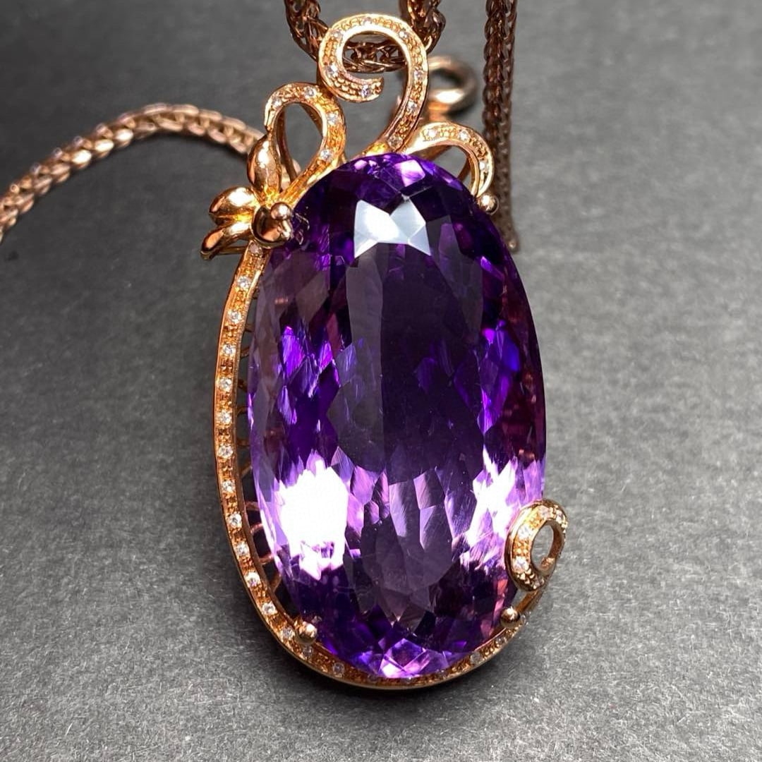 14k Gold 33.3 Ct Natural Amethyst & Diamond Pendant( Without Chain ) - 5
