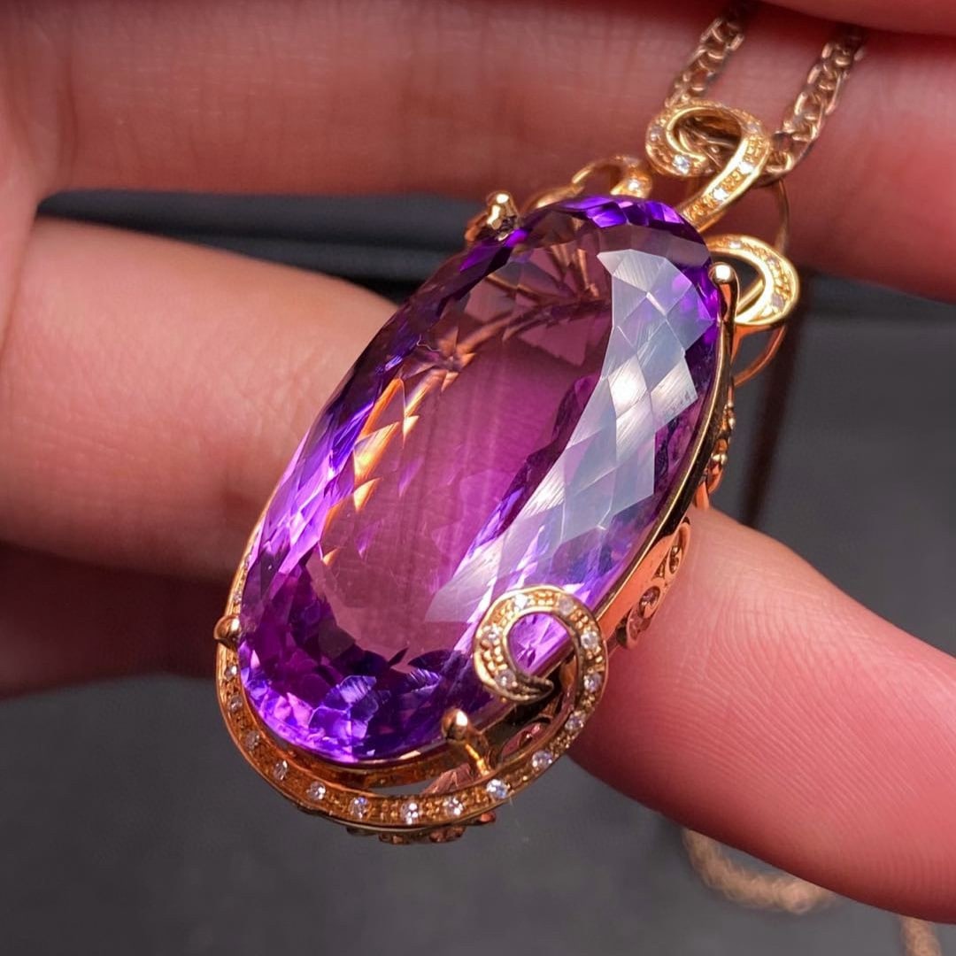 14k Gold 33.3 Ct Natural Amethyst & Diamond Pendant( Without Chain ) - 6