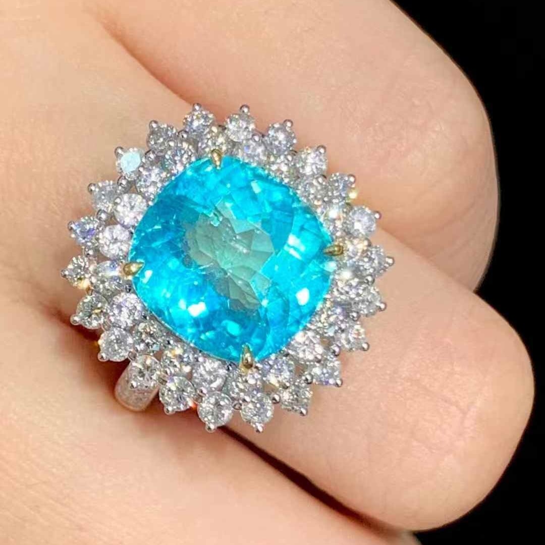 14k Gold 6.3 Ct Natural Paraiba Tourmaline & Diamond Ring - 4