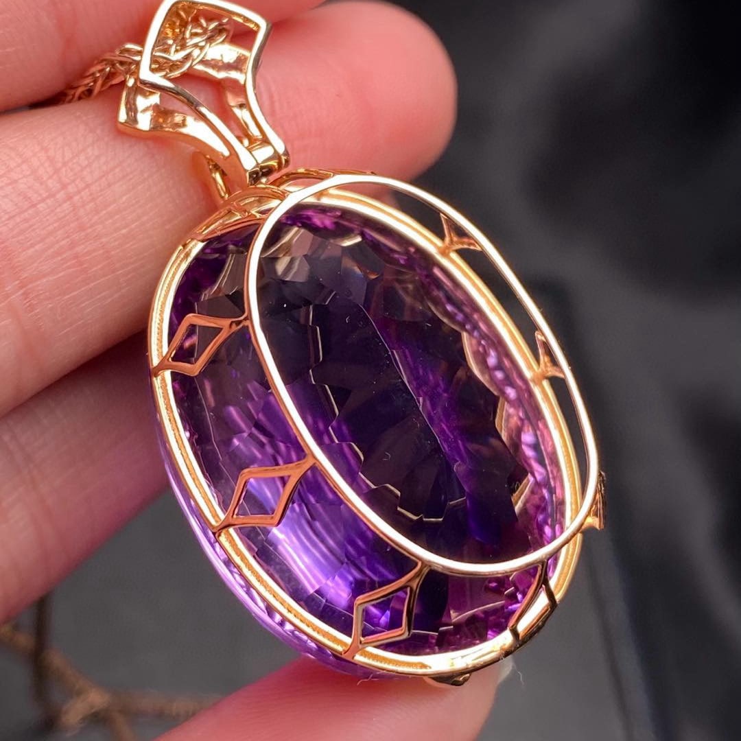 14k Gold 57.5 Ct Natural Amethyst & Diamond Pendant( Without Chain ) - 3