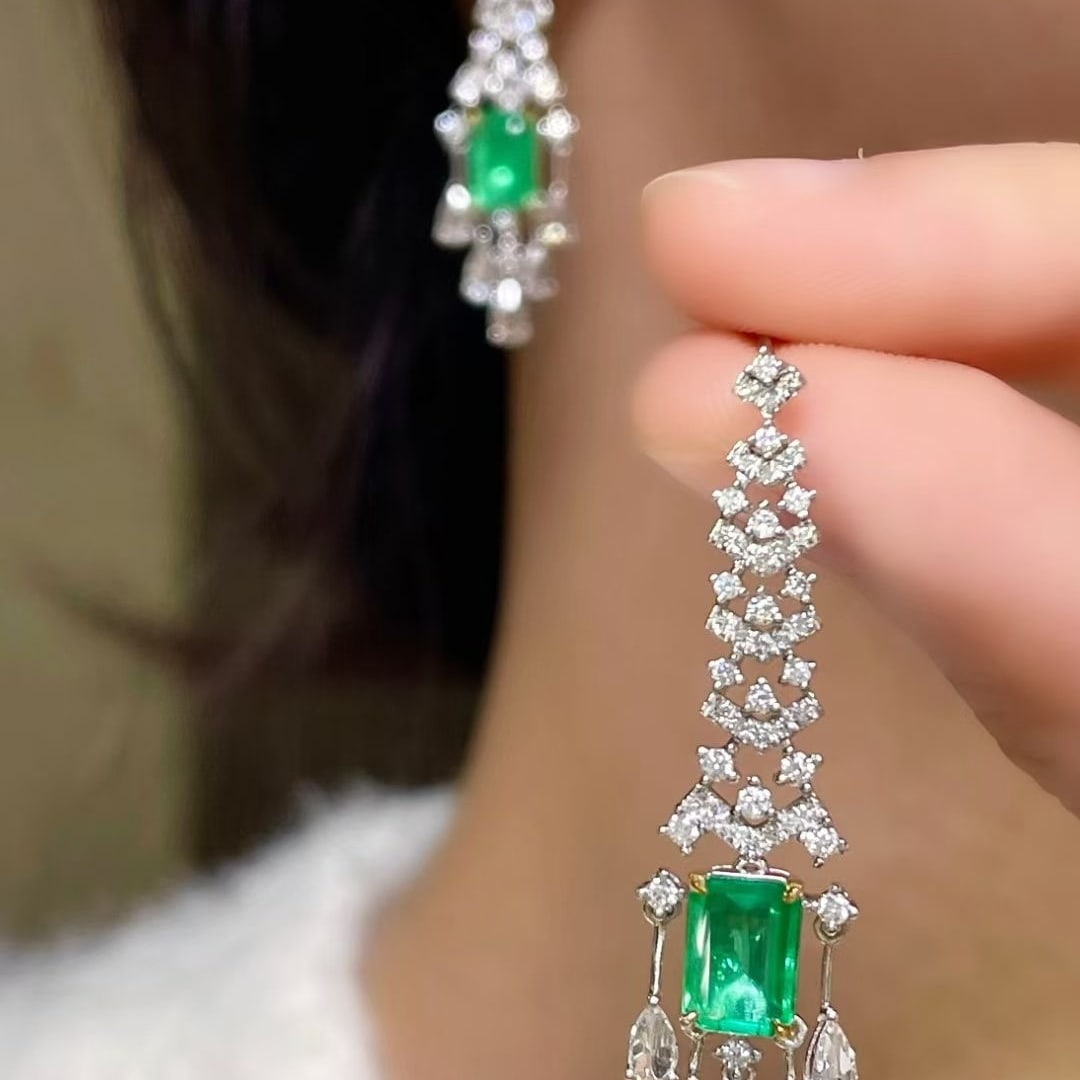 14k Gold 2.9 Ctw Vivid Green Natural Emerald & Diamond Earrings - 7