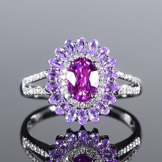 14k Gold 1.17 Ctw Natural Sapphire & Diamond Ring: Ref:231083142 // gold content:14k gold // ring size:7. 25us // // main gemstone:sapphire // shape:oval // carat weight:1. 02ct // color:purple // treatment:natural // // adjacent gemstone 2 : diamond
