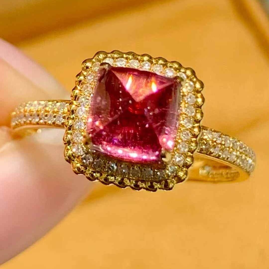 14k Gold 2.15 Ct Natural Tourmaline & Diamond Ring: Ref:231083168 // gold content:14k gold // ring size:7. 25us // // main gemstone:tourmaline // shape:sugar-loaf // carat weight:2. 15ct // color:red // treatment:natural // // adjacent gemstone 2 : dia