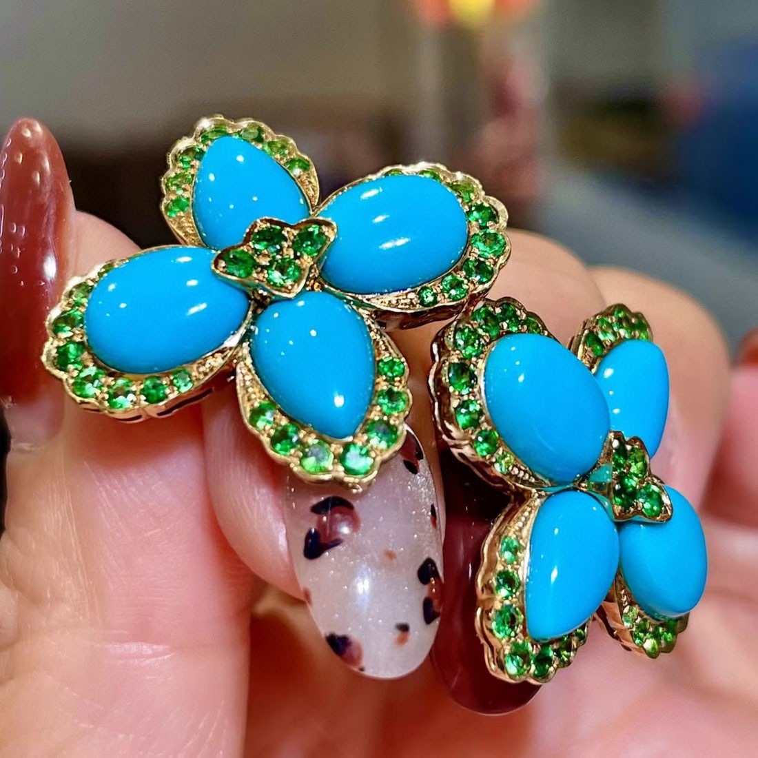 14k Gold 14.11 Ctw Natural Blue Turquoise & Tsavorite Earrings - 2