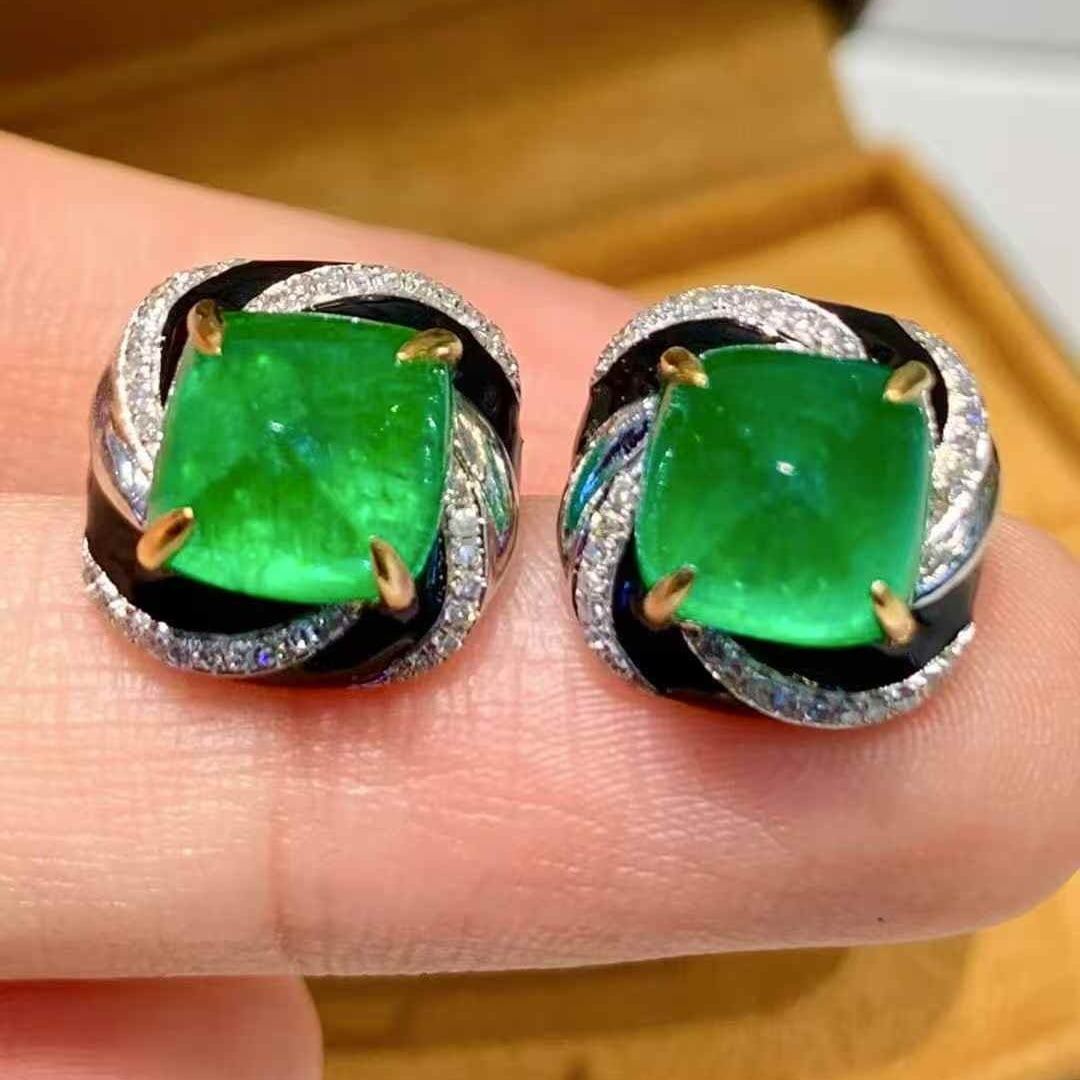 14k Gold 5.3 Ct Vivid Green Natural Emerald & Diamond Earrings - 2