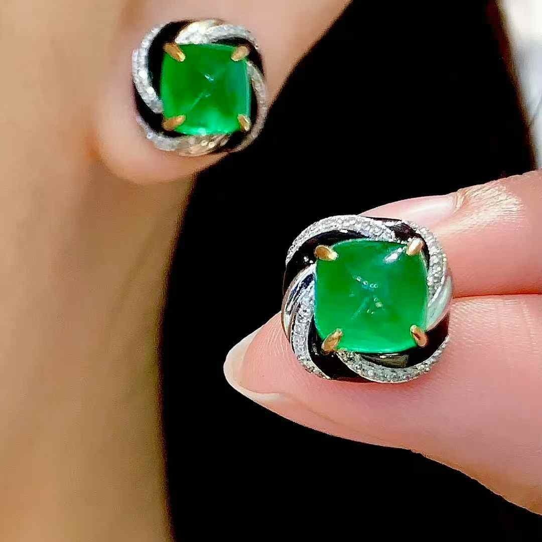14k Gold 5.3 Ct Vivid Green Natural Emerald & Diamond Earrings - 3