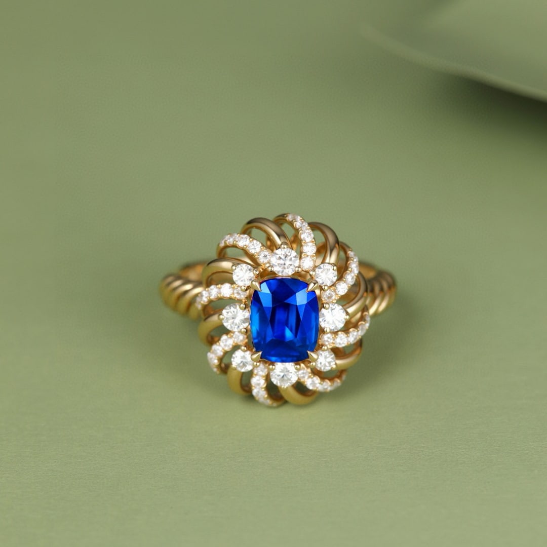 14k Gold 1.60 Ct Natural Sapphire & Diamond Ring: Ref:231084002 // gold content:14k gold // ring size:7. 25us // // main gemstone:sapphire // shape:cushion // carat weight:1. 60ct // color:royal blue // treatment:natural // // adjacent gemstone 2 :