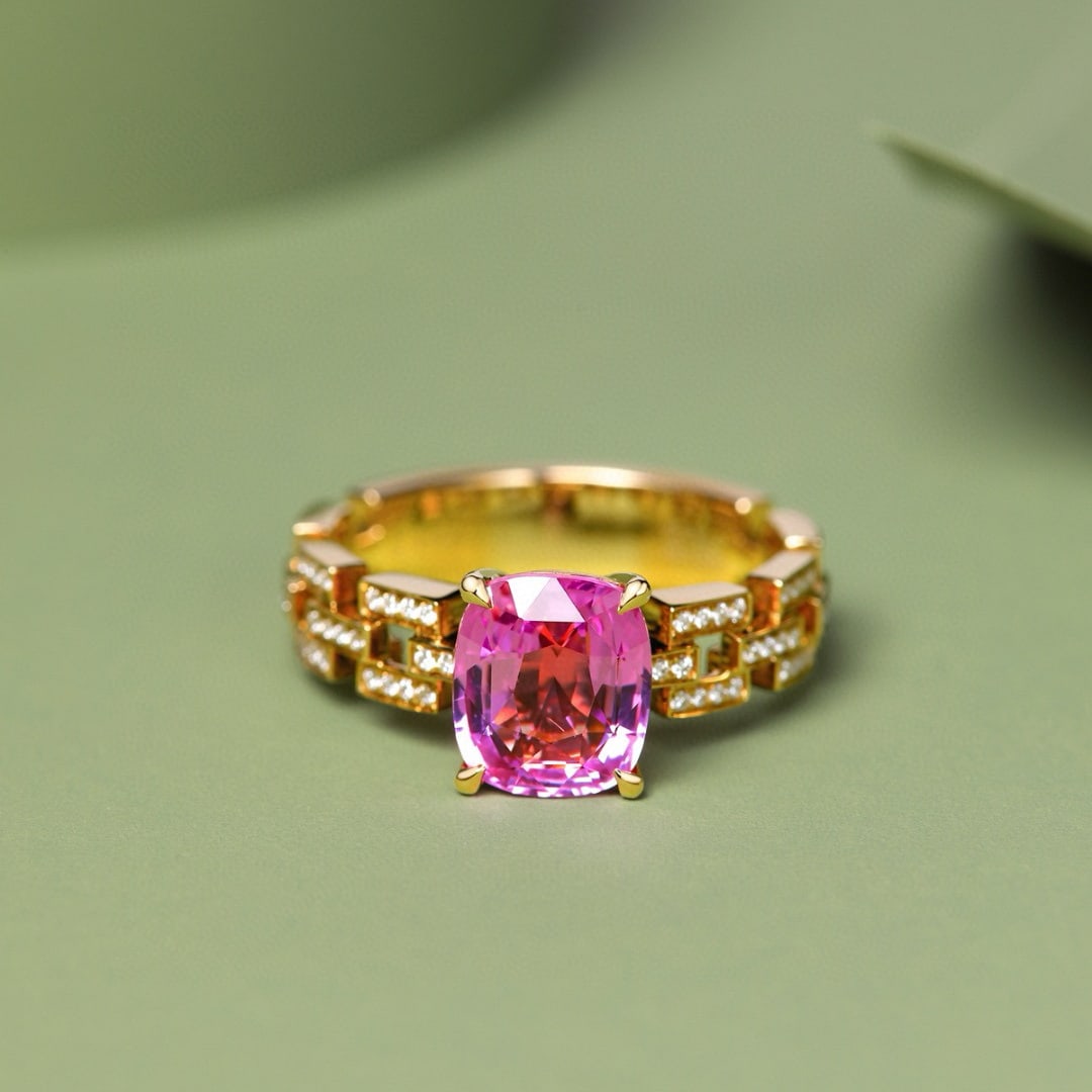 14k Gold 2.51 Ct Natural Sapphire & Diamond Ring: Ref:231084005 // gold content:14k gold // ring size:7. 25us // // main gemstone:sapphire // shape:cushion // carat weight:2. 51ct // color:pink // treatment:natural // // adjacent gemstone 2 :