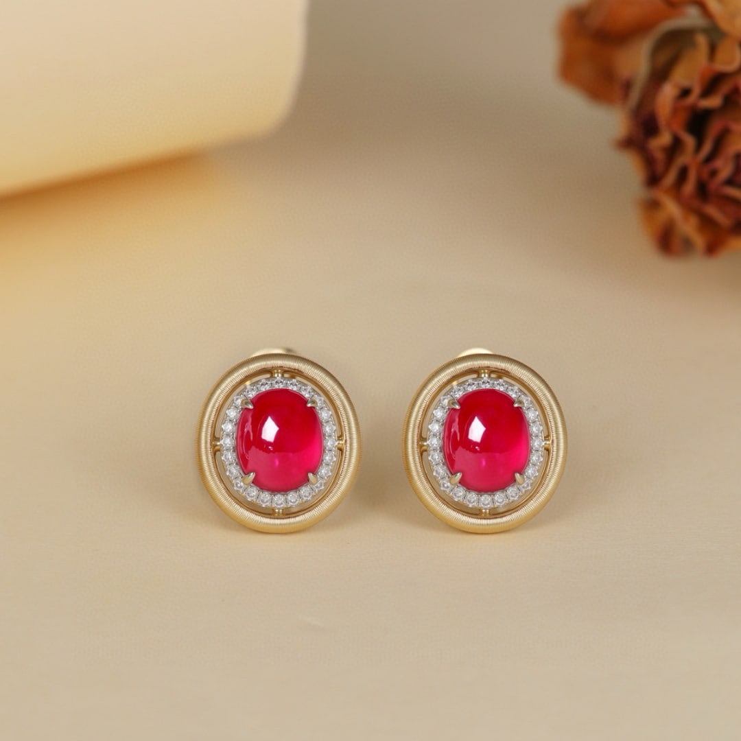 14k Gold 3.58 Ct Natural Ruby & Diamond Earrings: Ref:231084029 // gold content:14k gold // main gemstone:ruby // shape:oval // carat weight:3. 58ct // color:red // treatment:natural // // adjacent gemstone 2 : diamond // shape:round // clarity