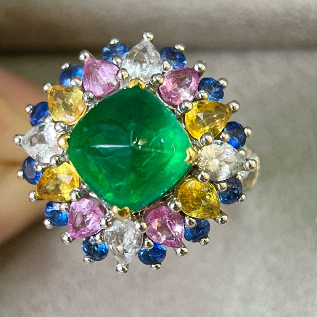 14k Gold 7.80 Ctw Vivid Green Natural Emerald & Sapphire Ring - 6