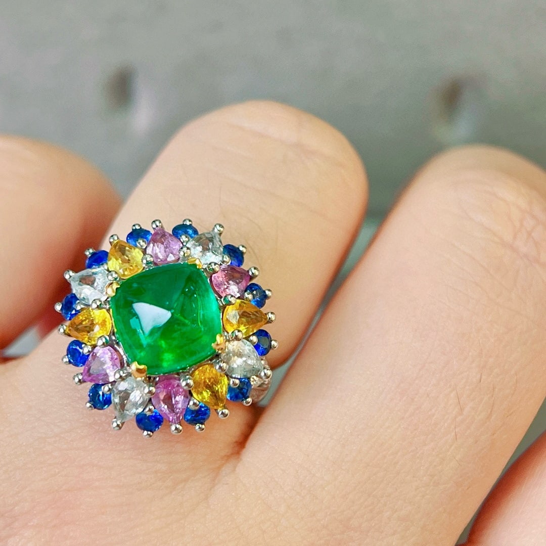 14k Gold 7.80 Ctw Vivid Green Natural Emerald & Sapphire Ring - 7