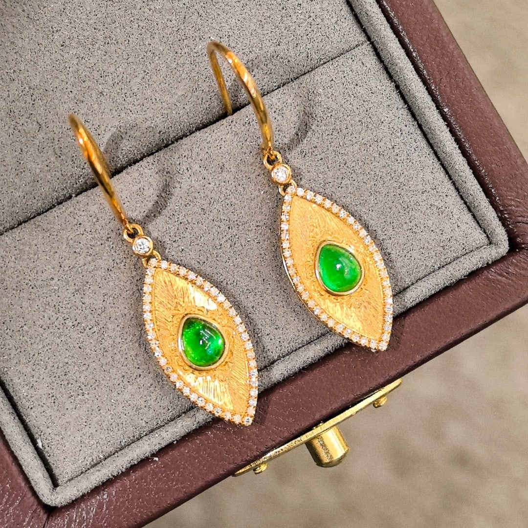 14k Gold 1.30 Ctw Vivid Green Natural Emerald & Diamond Earrings - 5