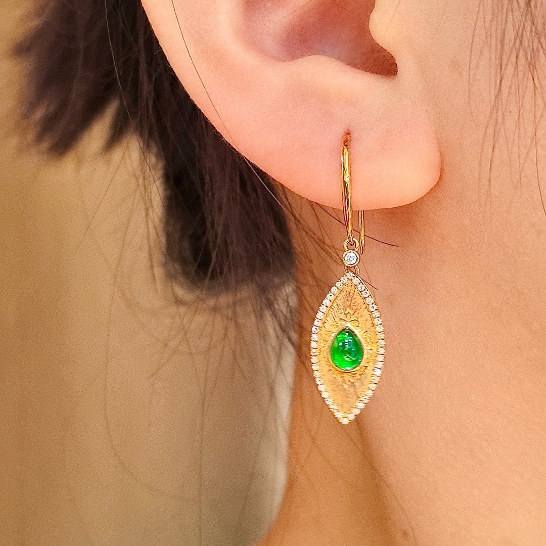 14k Gold 1.30 Ctw Vivid Green Natural Emerald & Diamond Earrings - 6