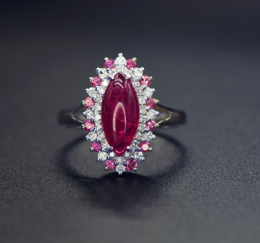 14k Gold 2.12 Ctw Natural Ruby & Diamond Ring: Ref:231084101 // gold content:14k gold // ring size:7. 25us // // main gemstone:ruby // shape:marquise // carat weight:1. 81ct // color:red // treatment:natural // // adjacent gemstone 2 : diamond //