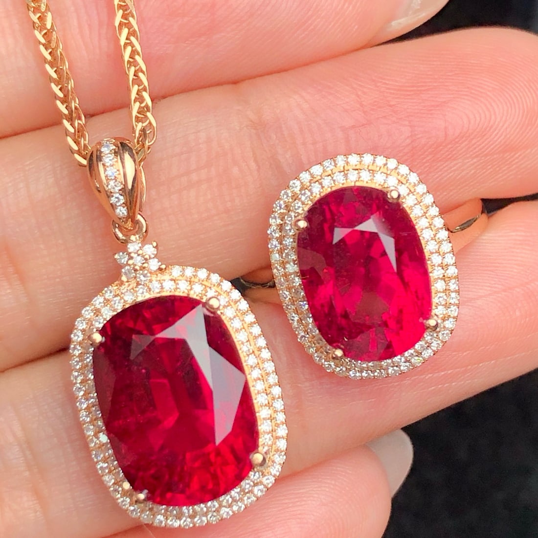 14k Gold 13.1 Ct Natural Tourmaline & Diamond Jewelry Set - 2
