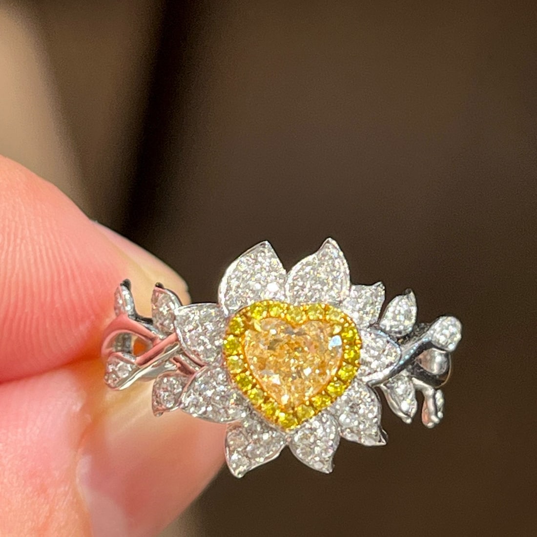 14k Gold 0.51 Ct Natural Yellow Diamond & Diamond Ring: Ref:231084176 // gold content:14k gold // ring size:7. 25us // // main gemstone:yellow diamond // shape:heart // carat weight:0. 51ct // color:yellow // treatment:natural // // adjacent gemstone 2 :