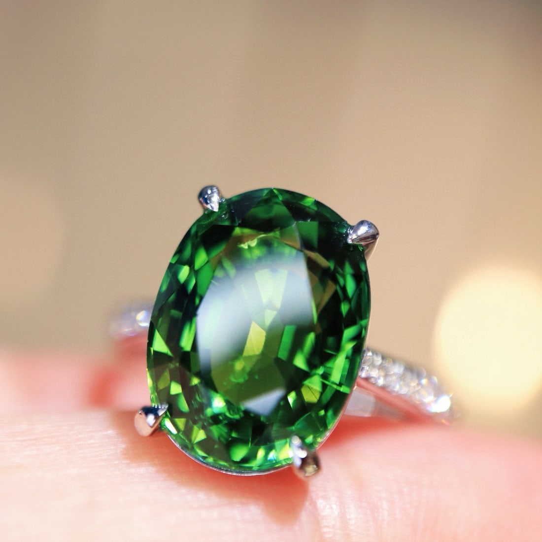 14k Gold 6.37 Ctw Natural Tourmaline & Diamond Ring: Ref:231084187 // gold content:14k gold // ring size:7. 25us // // main gemstone:tourmaline // shape:cushion // carat weight:6. 20ct // color:green // treatment:natural // // adjacent gemstone 2 :