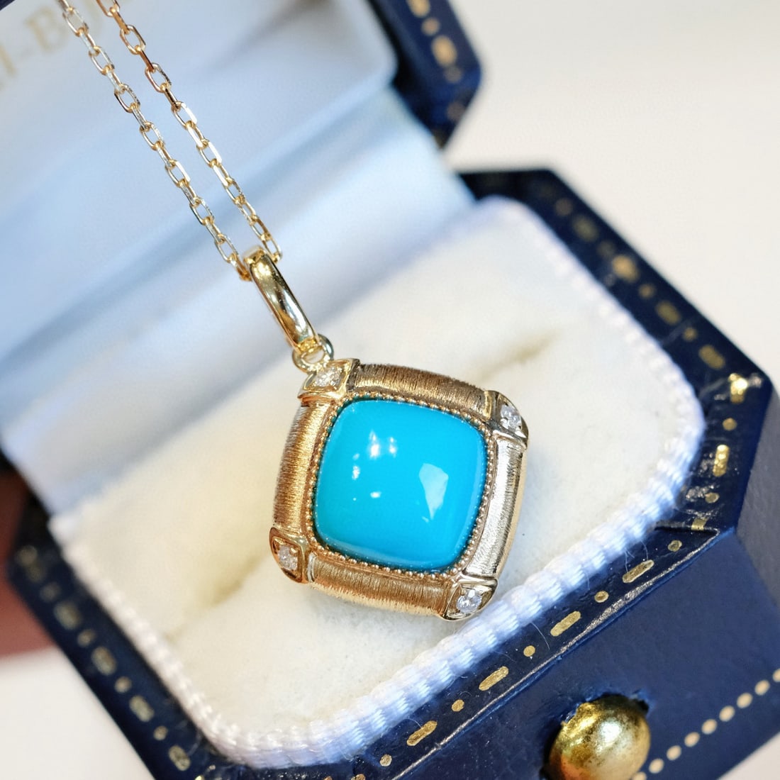 14k Gold 1.65 Ct Natural Blue Turquoise Pendant( Without Chain ): Ref:231084192 // gold content:14k gold // main gemstone:blue turquoise // shape:cushion // carat weight:1. 65ct // color:blue // treatment:natural // Condition: New Low Estimate: 1300.00 High