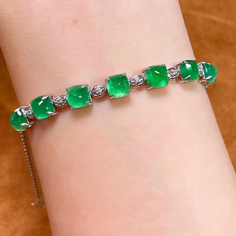 14k Gold 6.68 Ct Vivid Green Natural Emerald & Diamond Bracelet - 5