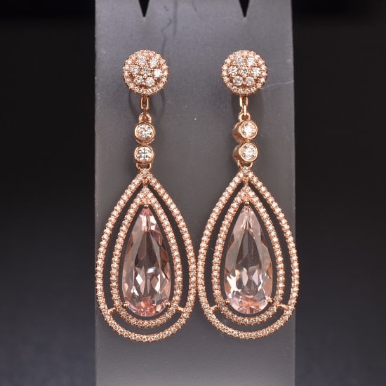 14k Gold 7.31 Ctw Natural Morganite & Diamond Earrings: Ref:231084282 // gold content:14k gold // main gemstone:morganite // shape:pear // carat weight:6. 1ct // color:pink // treatment:natural // // adjacent gemstone 2 : diamond // shape:round // carat