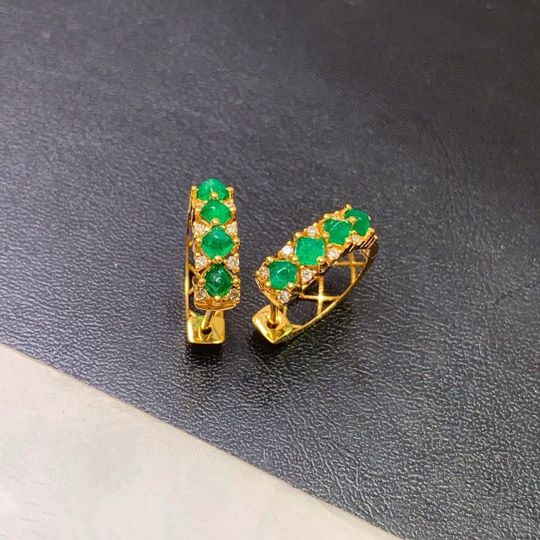 14k Gold 0.6 Ct Vivid Green Natural Emerald & Diamond Earrings - 2