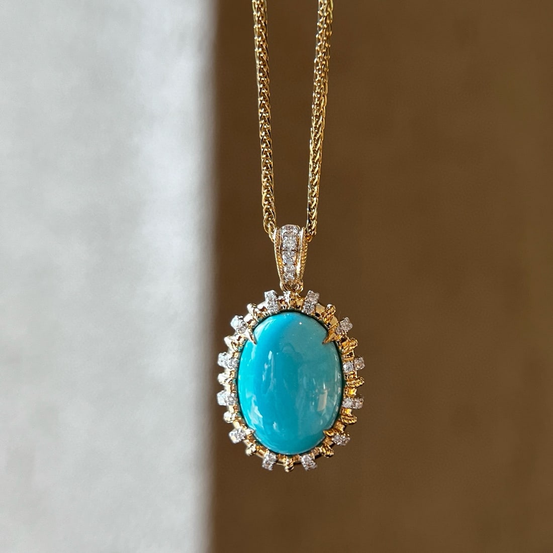 14k Gold 4.77 Ctw Natural Blue Turquoise & Diamond Pendant( Without Chain ): Ref:231084320 // gold content:14k gold // main gemstone:blue turquoise // shape:oval // carat weight:4. 51ct // color:blue // treatment:natural // // adjacent gemstone 2 : diamond // shape:round //