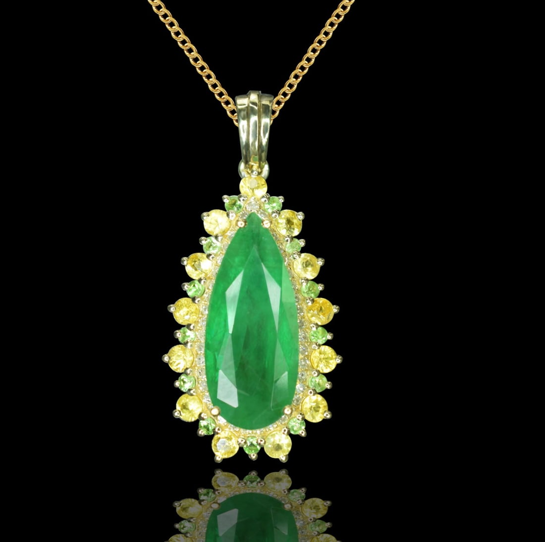 14k Gold 3.16 Ctw Natural Emerald & Diamond Pendant( Without Chain ): Ref:231084330 // gold content:14k gold // main gemstone:emerald // shape:pear // carat weight:3. 05ct // color:green // treatment:natural // // adjacent gemstone 2 : diamond // number of stones:37 //