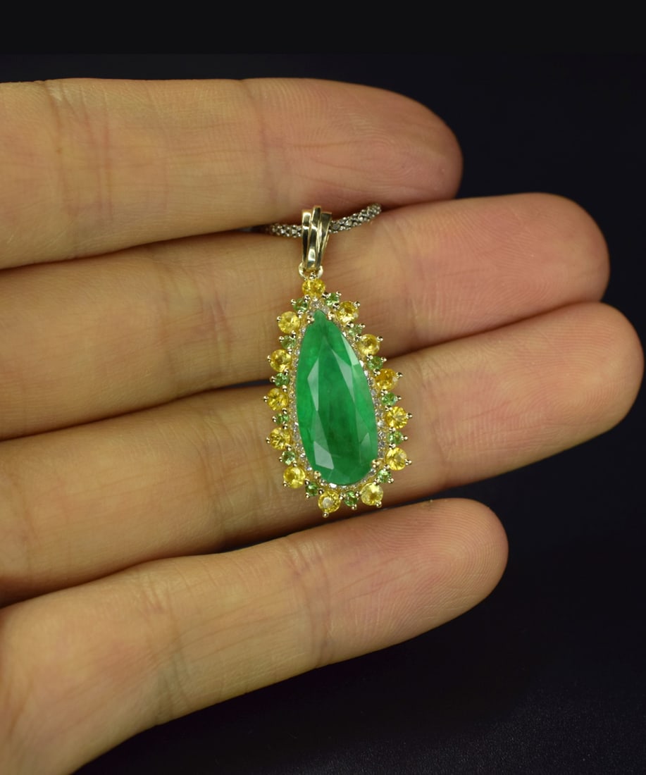 14k Gold 3.16 Ctw Natural Emerald & Diamond Pendant( Without Chain ) - 4